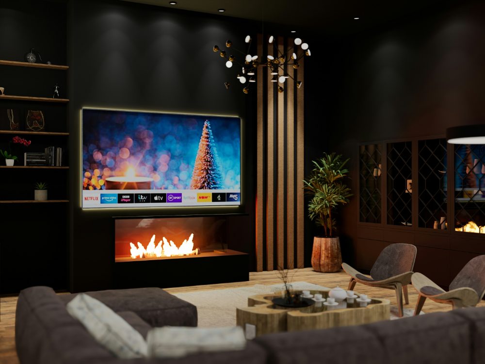 Modern living room with a large smart TV streaming Bunny Stream IPTV