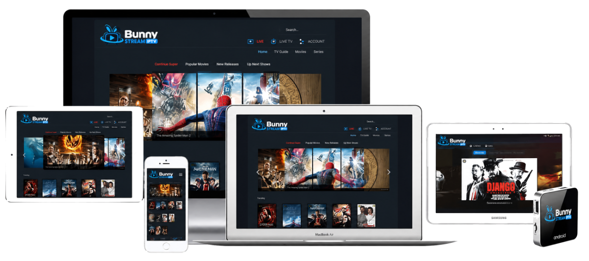 Bunny Stream IPTV running on a laptop, tablet, phone, smart TV and Android box
