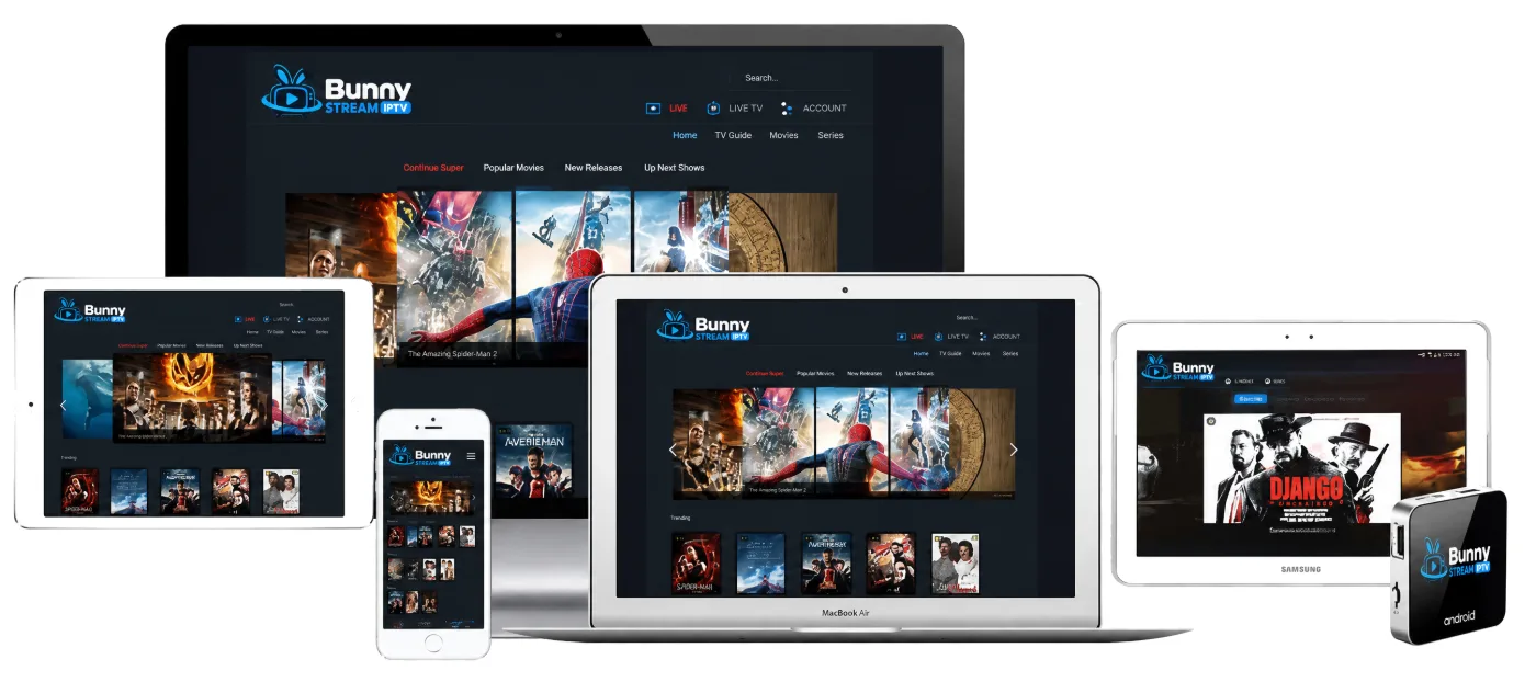 Bunny Streams IPTV running on a TV, laptop, tablets, a phone and an Android box