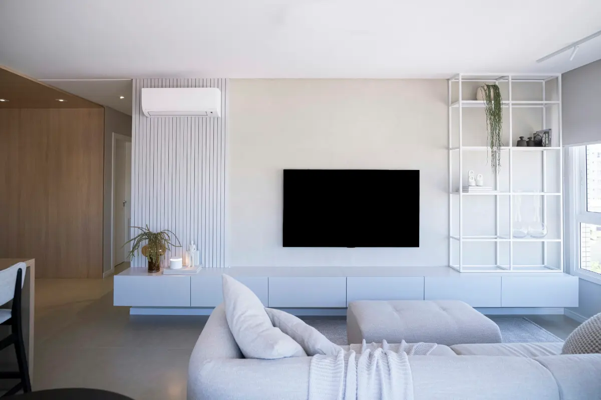 Bright modern living room with a wall-mounted TV